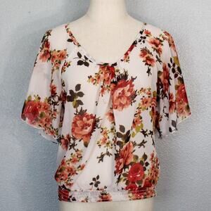 Rue 21 White Floral Shirt Gathered Waist at Hem Size S